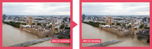 A view of London at 2 degrees and 4 degrees of warming