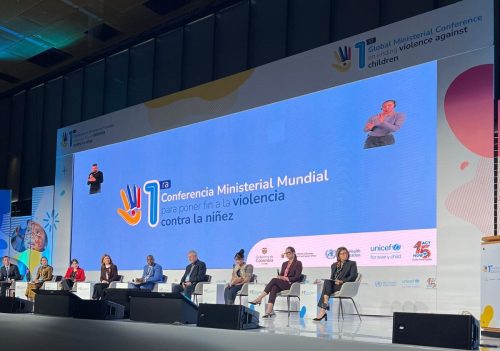 CIFF's CEO, Kate Hampton, speaking at the Global Ministerial Conference on Ending Violence Against Children in Bogota, Colombia in 2024. Credit: CIFF.