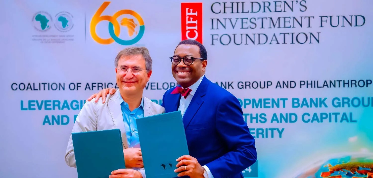 Sir Chris Hohn with African Development Bank's Dr Adesina, having signed a Letter of Intent to establish the End School-Age Hunger Fund, UNGA 2024. Credit: CIFF